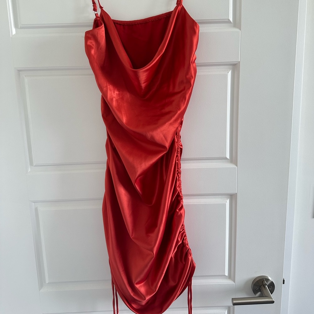 Burnt orange / red ruched bodycon satin dress